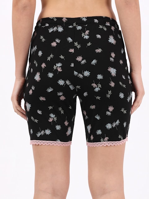 Women's Micro Modal Cotton Relaxed Fit Printed Shorts with Lace Trim Styled Side Pockets - Black