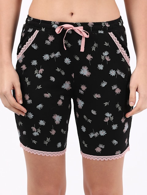 Women's Micro Modal Cotton Relaxed Fit Printed Shorts with Lace Trim Styled Side Pockets - Black