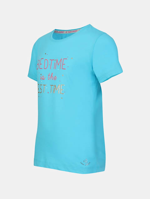 Girl's Super Combed Cotton Graphic Printed Relaxed Fit Short Sleeve T-Shirt - Blue Curacao