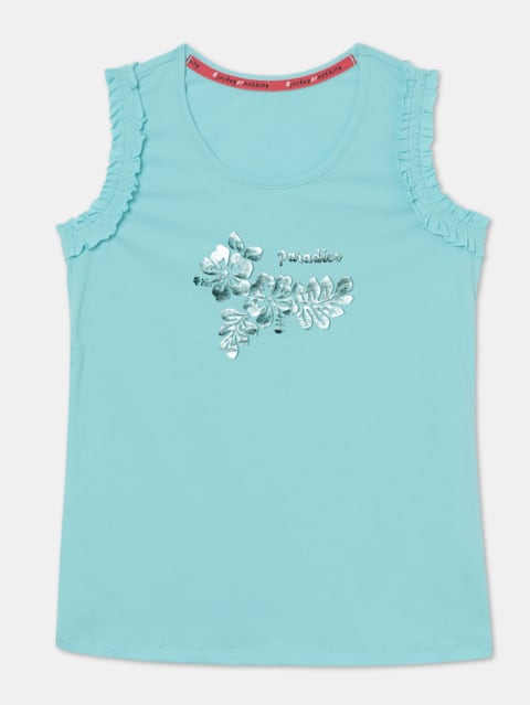 Girl's Super Combed Cotton Ruffled Sleeve Graphic Printed Tank Top - Blue Radiance
