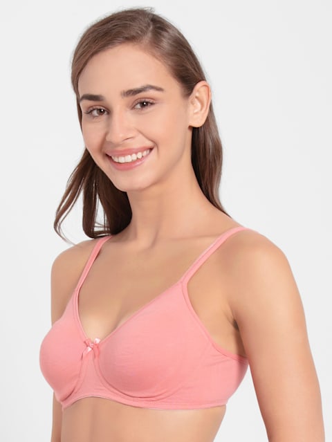 Women's Wirefree Non Padded Super Combed Cotton Elastane Stretch Medium Coverage Everyday Bra with Concealed Shaper Panel and Adjustable Straps - Candlelight Peach
