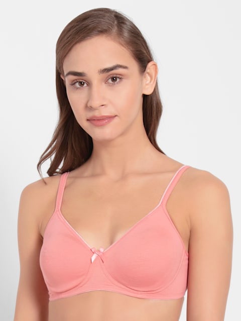 Women's Wirefree Non Padded Super Combed Cotton Elastane Stretch Medium Coverage Everyday Bra with Concealed Shaper Panel and Adjustable Straps - Candlelight Peach