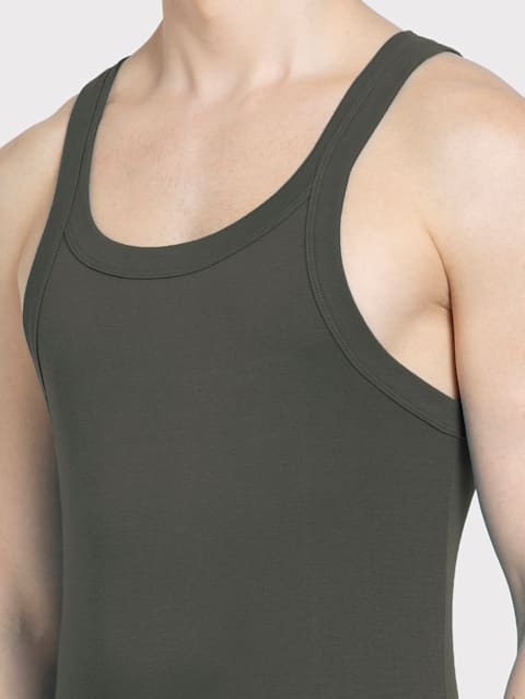 Men's Super Combed Cotton Rib Square Neckline Gym Vest - Deep Olive