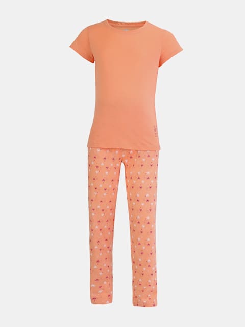 Girl's Super Combed Cotton Relaxed Fit Short Sleeve Printed T-Shirt and Pyjama Set - Coral Reef