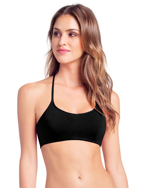 Women's Wirefree Padded Super Combed Cotton Elastane Stretch Medium Coverage Slip-On Bra with Stylised Strappy Back and Breathable Spacer Cup - Black