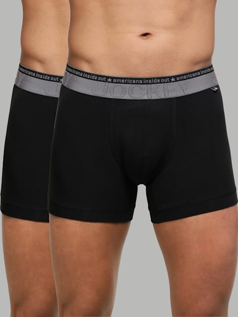 Men's Super Combed Cotton Elastane Stretch Solid Trunk with Ultrasoft Waistband - Black(Pack of 2)