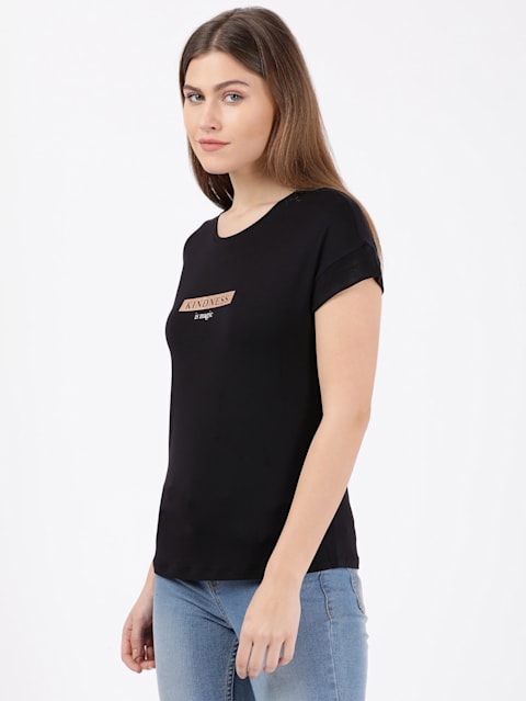Women's Micro Modal Elastane Stretch Relaxed Fit Graphic Printed Round Neck Half Sleeve T-Shirt - Black