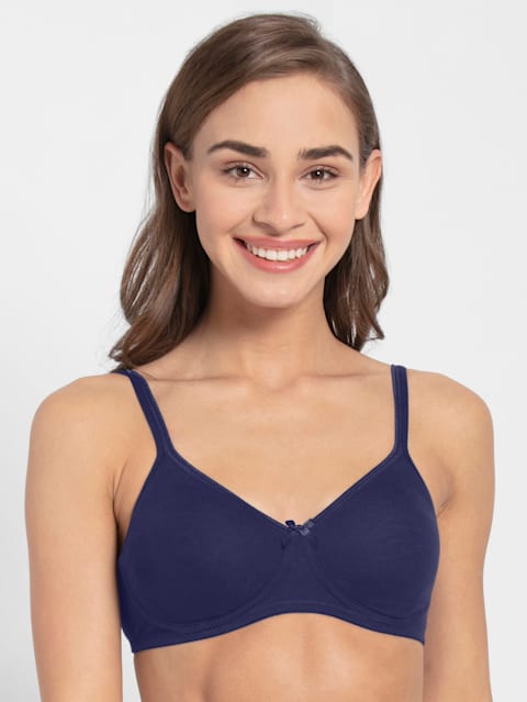 Women's Wirefree Non Padded Super Combed Cotton Elastane Stretch Medium Coverage Everyday Bra with Concealed Shaper Panel and Adjustable Straps - Classic Navy