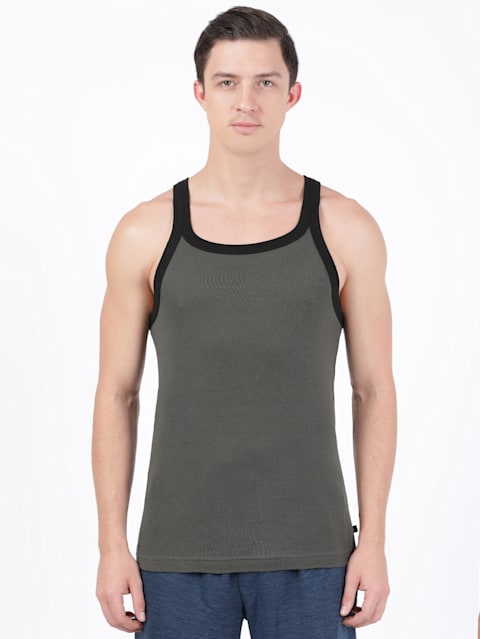 Men's Super Combed Cotton Rib Square Neckline Gym Vest - Deep Olive with Assorted Bias