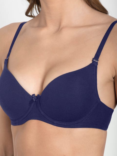 Women's Under-Wired Padded Super Combed Cotton Elastane Stretch Medium Coverage Multiway Styling T-Shirt Bra with Detachable Straps - Classic Navy