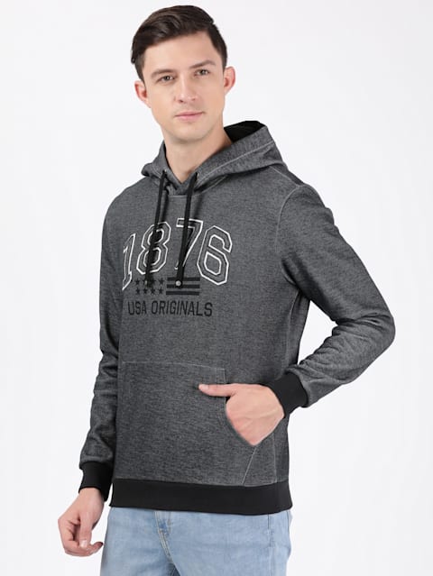 Men's Super Combed Cotton Rich Printed Hoodie Sweatshirt with Ribbed Cuffs and Side Pockets - Black