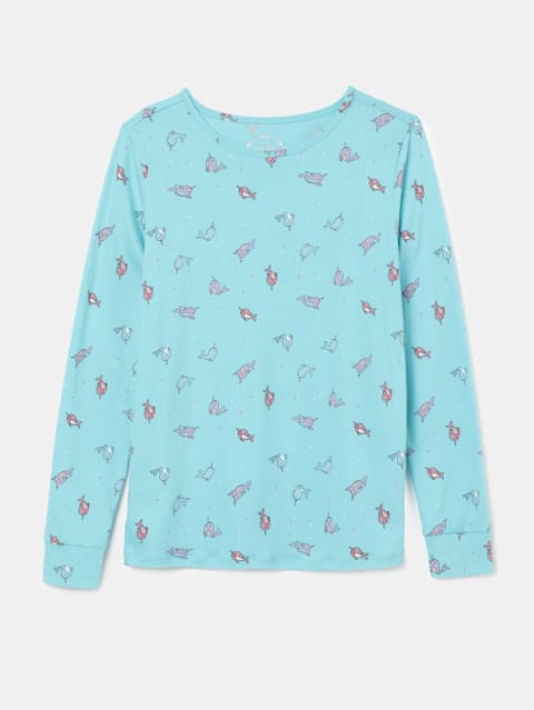 Girl's Super Combed Cotton Relaxed Fit Full Sleeve Printed T-Shirt and Pyjama Set - Blue Radiance AOP