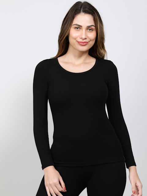 Women's Soft Touch Microfiber Elastane Stretch Fleece Fabric Full Sleeve Thermal Top with Stay Warm Technology - Black