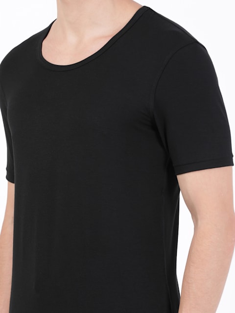 Men's Soft Touch Microfiber Elastane Stretch Half Sleeve Thermal Undershirt with Stay Warm Technology - Black