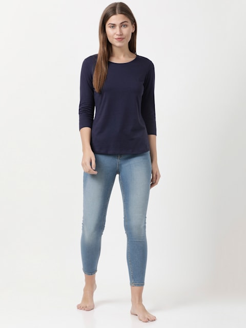 Women's Super Combed Cotton Rich Relaxed Fit Solid Round Neck Three Quarter Sleeve T-Shirt - Classic Navy