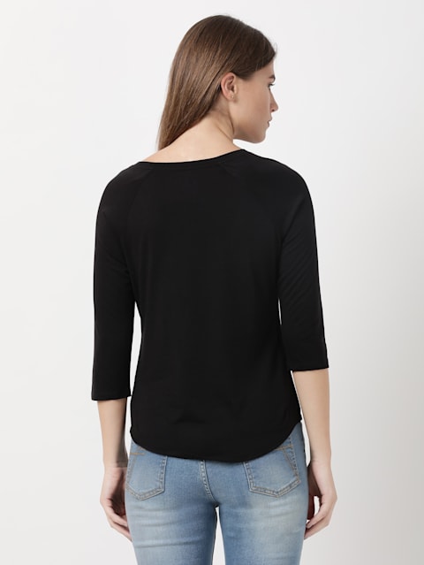 Women's Micro Modal Cotton Relaxed Fit Graphic Printed Round Neck Three Quarter Sleeve T-Shirt - Black