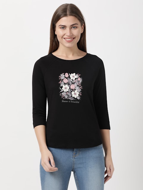 Women's Micro Modal Cotton Relaxed Fit Graphic Printed Round Neck Three Quarter Sleeve T-Shirt - Black