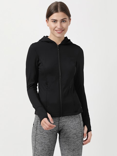 Women's Microfiber Elastane Stretch Slim Fit Hoodie Jacket with Curved Back Hem and Stay Dry Treatment - Black