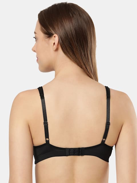 Women's Wirefree Non Padded Soft Touch Microfiber Nylon Elastane Stretch Full Coverage Stylised Mesh Panel T-Shirt Bra with Adjustable Straps - Black
