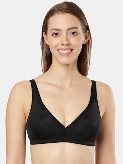 Women's Wirefree Non Padded Soft Touch Microfiber Nylon Elastane Stretch Full Coverage Stylised Mesh Panel T-Shirt Bra with Adjustable Straps - Black