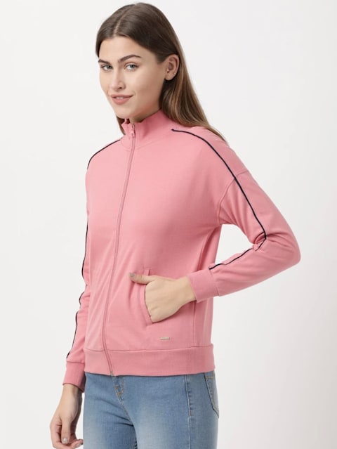 Women's Super Combed Cotton French Terry Drop Shoulder Styled Jacket with Ribbed Cuff and Hem - Brandied Apricot