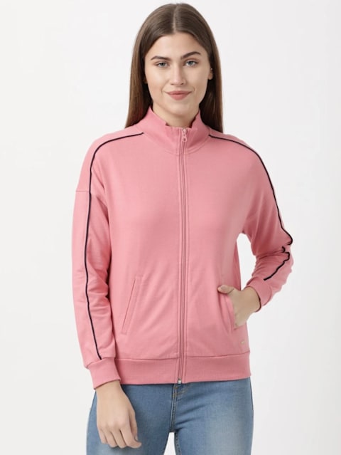 Women's Super Combed Cotton French Terry Drop Shoulder Styled Jacket with Ribbed Cuff and Hem - Brandied Apricot