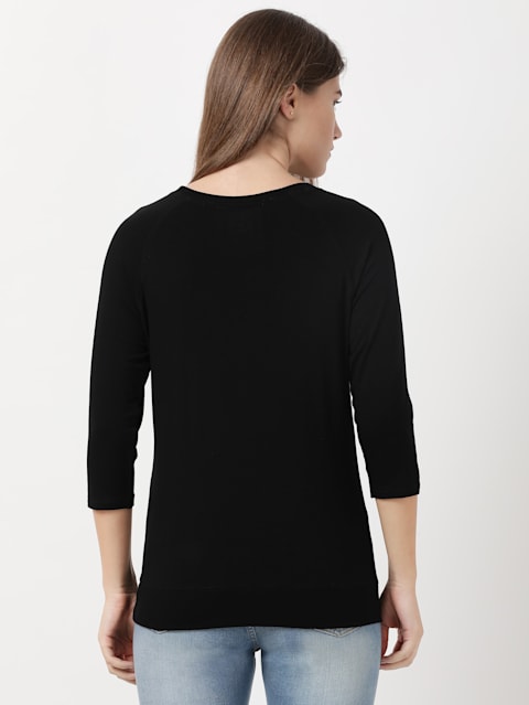 Women's Super Combed Cotton Viscose Elastane Stretch Regular Fit Solid Round Neck Three Quarter Sleeve T-Shirt - Black