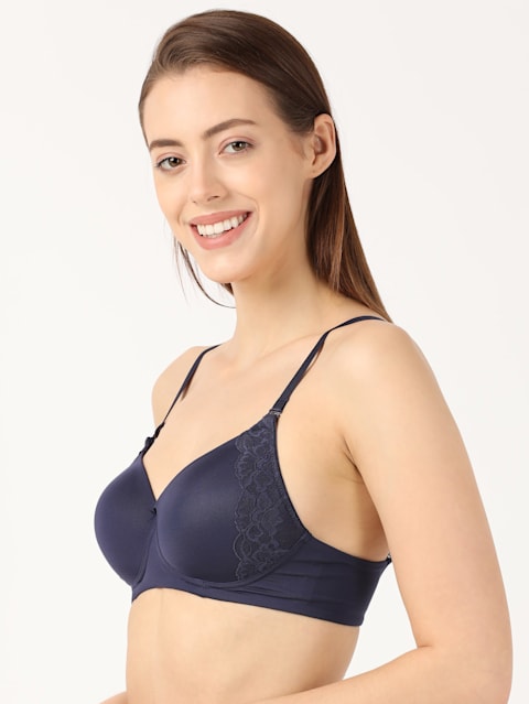 Women's Wirefree Padded Soft Touch Microfiber Nylon Elastane Stretch Full Coverage Lace Styling Multiway T-Shirt Bra with Adjustable Straps - Classic Navy
