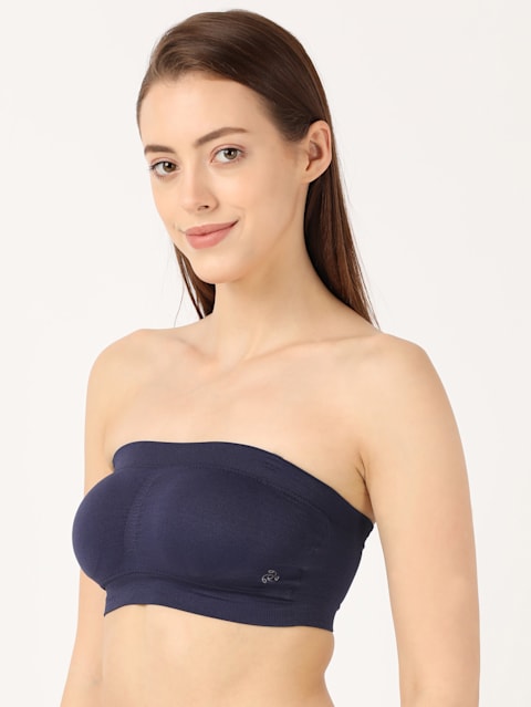 Women's Wirefree Padded Micro Touch Nylon Elastane Stretch Full Coverage Bandeau Bra with Removeable Pads and Detachable Transparent Straps - Classic Navy