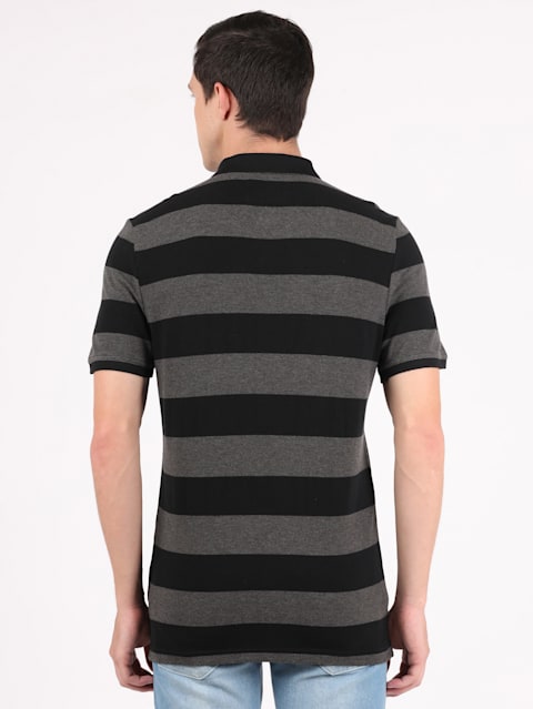Men's Super Combed Cotton Rich Striped Polo T-Shirt - Black & Charcoal Melange