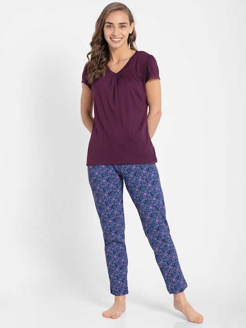 Women's Micro Modal Cotton Relaxed Fit Printed Pyjama with Lace Trim on Pockets - Classic Navy