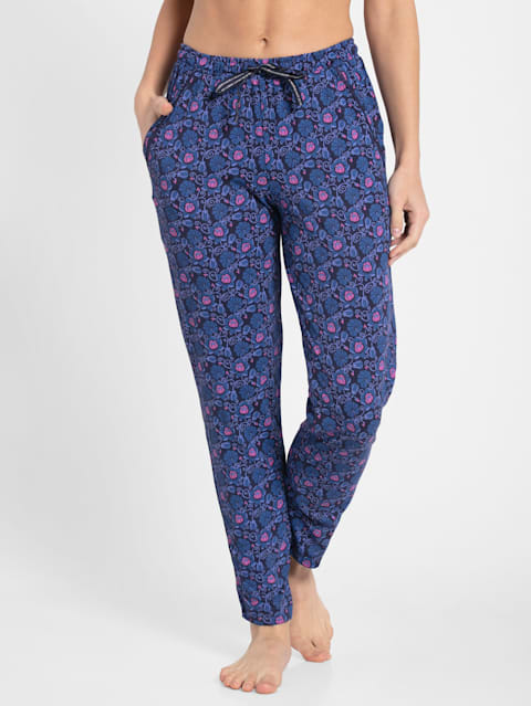 Women's Micro Modal Cotton Relaxed Fit Printed Pyjama with Lace Trim on Pockets - Classic Navy