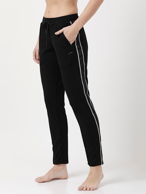 Women's Microfiber Fabric Straight Fit Trackpants with Stay Dry Treatment - Black