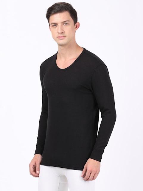 Men's Soft Touch Microfiber Elastane Stretch Fleece Fabric Full Sleeve Thermal Undershirt with Stay Warm Technology - Black