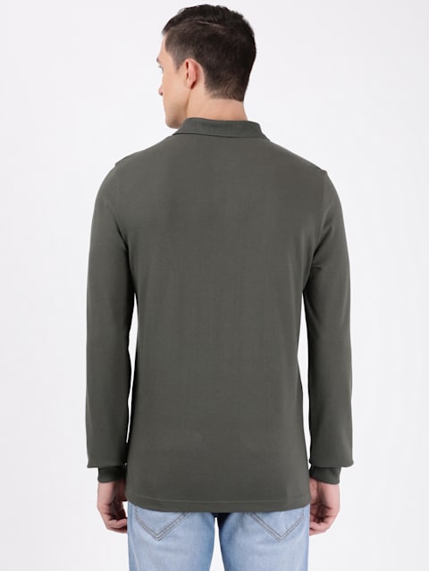 Men's Super Combed Cotton Rich Solid Full Sleeve Polo T-Shirt with Ribbed Cuffs - Deep Olive
