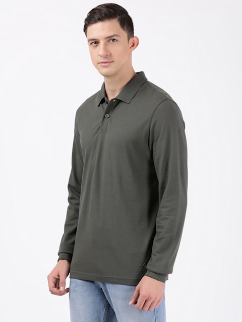 Men's Super Combed Cotton Rich Solid Full Sleeve Polo T-Shirt with Ribbed Cuffs - Deep Olive
