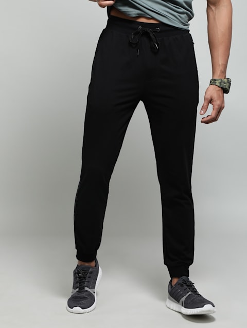Men's Super Combed Cotton Rich Fabric Slim Fit Joggers with Zipper Pockets - Black