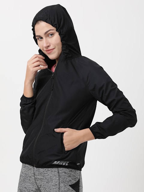 Women's Microfiber Fabric Relaxed Fit Raglan Styled Water Resistant Hoodie Jacket with Stay Dry Treatment - Black