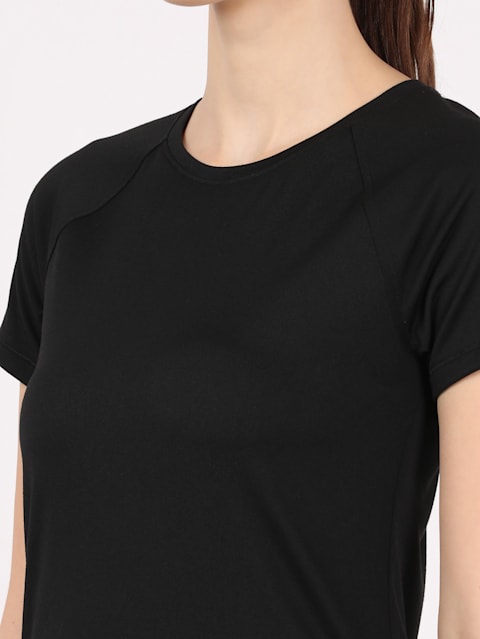 Women's Microfiber Fabric Relaxed Fit Solid Curved Hem Styled Half Sleeve T-Shirt With Stay Fresh Treatment - Black