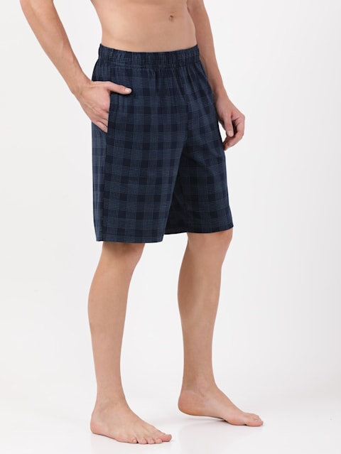Men's Super Combed Cotton Elastane Stretch Regular Fit Checkered Shorts with Side Pockets - Navy