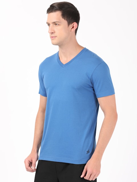 Men's Super Combed Cotton Rich Solid V Neck Half Sleeve T-Shirt - Bright Cobalt