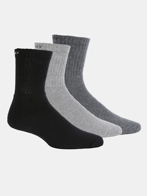 Men's Compact Cotton Terry Crew Length Socks With Stay Fresh Treatment - Black/Midgrey Melange/Charcoal Melange(Pack of 3)