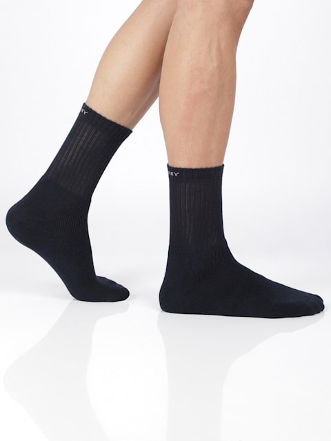 Men's Compact Cotton Terry Crew Length Socks With Stay Fresh Treatment - Black/Navy/Charcoal Melange(Pack of 3)