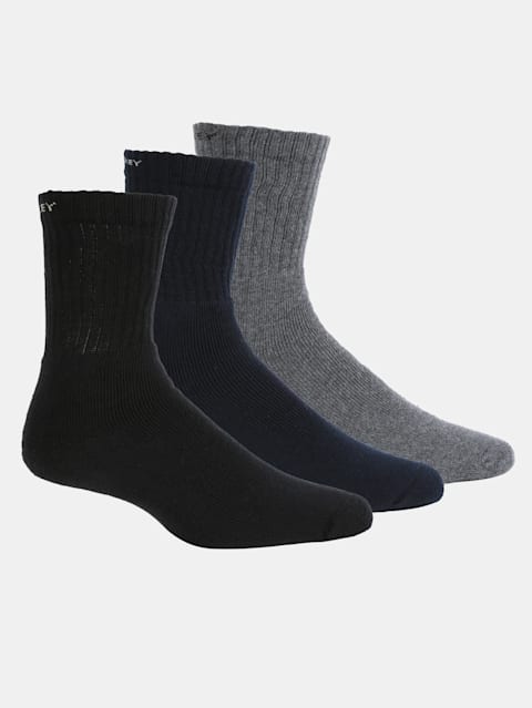 Men's Compact Cotton Terry Crew Length Socks With Stay Fresh Treatment - Black/Navy/Charcoal Melange(Pack of 3)