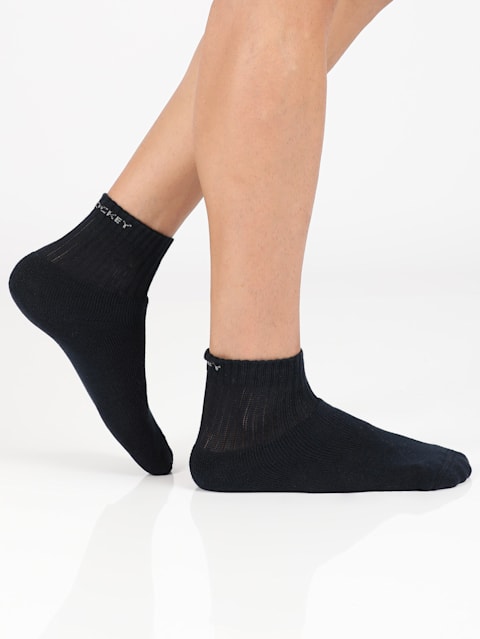 Men's Compact Cotton Terry Ankle Length Socks With Stay Fresh Treatment - Black/Midgrey Melange/Navy(Pack of 3)