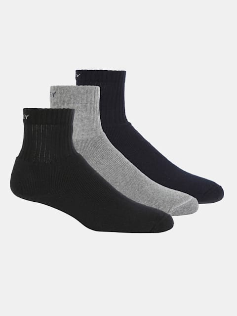 Men's Compact Cotton Terry Ankle Length Socks With Stay Fresh Treatment - Black/Midgrey Melange/Navy(Pack of 3)