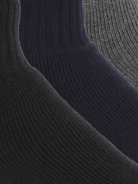Men's Compact Cotton Terry Ankle Length Socks With Stay Fresh Treatment - Black/Navy/Charcoal Melange(Pack of 3)