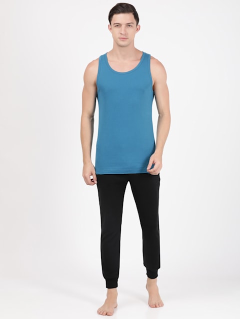 Men's Super Combed Cotton Rib Round Neck Sleeveless Vest with Extended Length for Easy Tuck - Blue Saphire