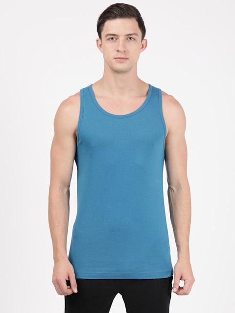 Men's Super Combed Cotton Rib Round Neck Sleeveless Vest with Extended Length for Easy Tuck - Blue Saphire