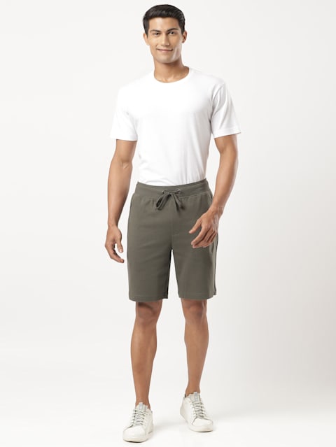 Men's Super Combed Cotton Rich Straight Fit Shorts with Zipper Pockets - Deep Olive